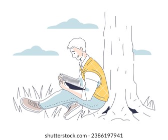 Person with book doodle concept. Man near tree with textbook or fiction. Useful hobby, love for literature. Education and training. Cartoon flat vector illustration isolated on white background