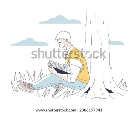 Person with book doodle concept. Man near tree with textbook or fiction. Useful hobby, love for literature. Education and training. Cartoon flat vector illustration isolated on white background