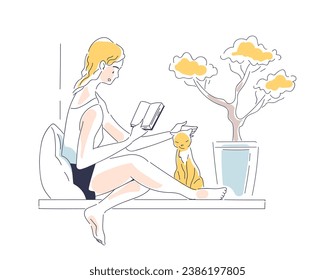 Person with book doodle concept. Woman at window with textbook or fiction. Useful hobby, love for literature. Comfort and coziness. Cartoon flat vector illustration isolated on white background