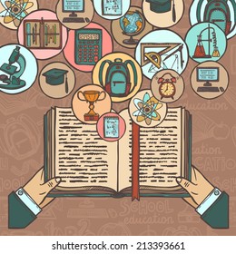 Person with book in hands and school education colored sketch icons set vector illustration