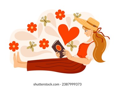 Person with book. Happy girl sitting and reading romantic love story in book. Love of literature and novels. Hobby and Entertainment. Cartoon flat vector illustration isolated on white background