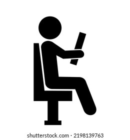 Person with book on chair, waiting room, black silhouette, vector icon