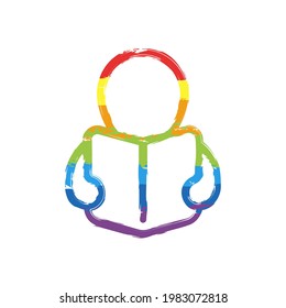 Person with book, read magazine, simple icon. Drawing sign with LGBT style, seven colors of rainbow (red, orange, yellow, green, blue, indigo, violet