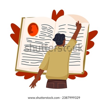Person with book. Young man reading chapter of interesting story or classic literature. Character stands in front of large open book. Cartoon flat vector illustration isolated on white background