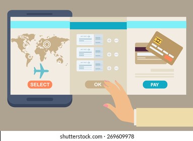 Person booking his airline flights online with three panel interfaces showing the route, suggested flight and payment by credit card, vector illustration conceptual of travel