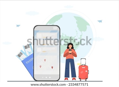 Person booking hotel using mobile app, online hotel reservation, tourist traveling concept, flat vector illustration