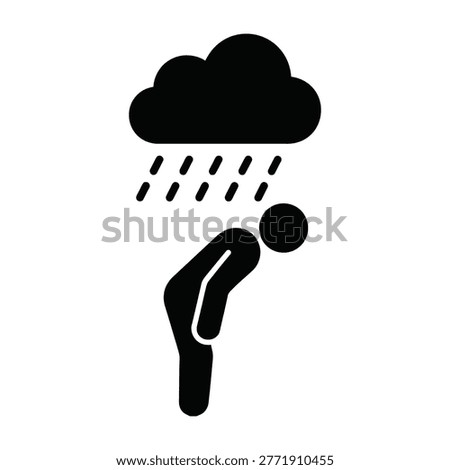 Person bows under heavy rain shower with dark ominous cloud overhead creating a gloomy mood