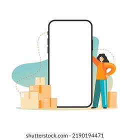 Person with boxes and phone. Delivery package business. Online fast service illustration in flat design
