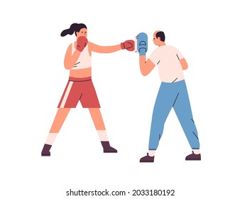 Boxeo personal, entrenamiento para golpear. Mujer golpeando la almohadilla de mano con puño en guante en entrenamiento de caja con entrenador. Boxeador en pantalones cortos trabajando. Ilustración vectorial plana aislada en fondo blanco