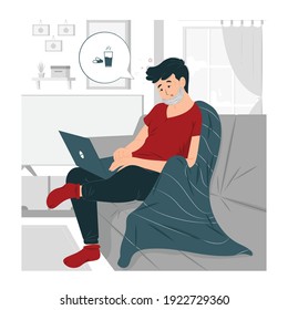 Person, boy, a freelance man working from home while sick and need medicine concept illustration