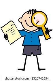 Person, boy and magnifier and workbook, funny vector illustration	