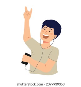 ein Junge, der beim Musikhören singt