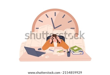 Person breaking deadlines, failing to do in time. Overloaded woman under pressure of business tasks. Work stress, bad management concept. Flat vector illustration isolated on white background