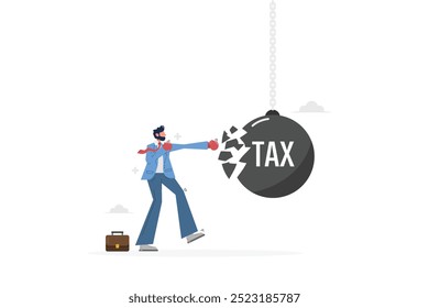 A person breaking a tax symbol with a wrecking ball, symbolizing tax relief or resolution.