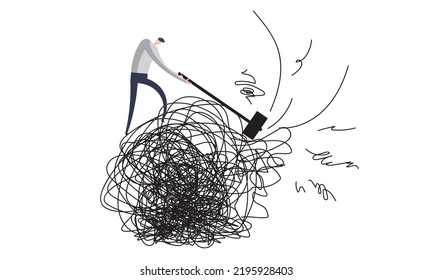 Person breaks barriers hammer Man tames chaos. Psychology, transformation, activity. Complex knot. Find solution, creativity process, problem solve, understanding, concept. Vector illustration