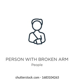 Person with broken arm icon. Thin linear person with broken arm outline icon isolated on white background from people collection. Line vector sign, symbol for web and mobile