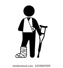 Person with a broken leg and arm icon vector. Man with a broken arm and leg in a cast with a crutch icon isolated on a white background. Health care symbol graphic design element