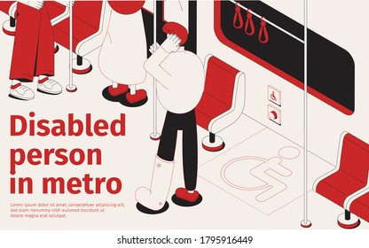 Person with broken leg traveling in metro on seat for disabled 3d isometric vector illustration