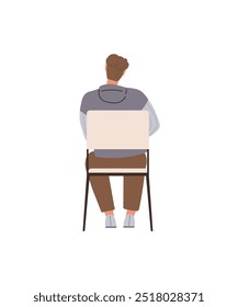 A person with brown hair in a gray hoodie sits on a chair, viewed from the back. Ideal for themes such as contemplation, solitude, relaxation, waiting, education. Minimalist and clean style