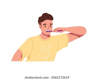 Person brushes, cleaning his teeth. Young man toothbrushes with toothpaste. Boy cleans mouth, care about oral health, dental hygiene in morning. Flat isolated vector illustration on white background