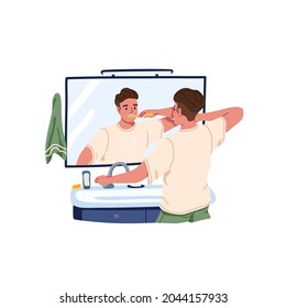 Person brushing his teeth with toothbrush in front of mirror in bathroom. Man clean mouth with brush. Toothbrushing, oral hygiene concept. Flat vector illustration isolated on white background