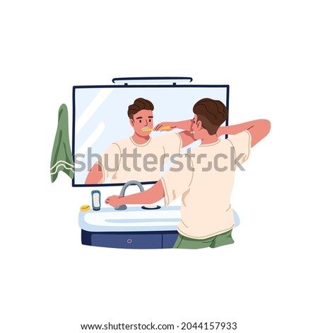 Person brushing his teeth with toothbrush in front of mirror in bathroom. Man clean mouth with brush. Toothbrushing, oral hygiene concept. Flat vector illustration isolated on white background