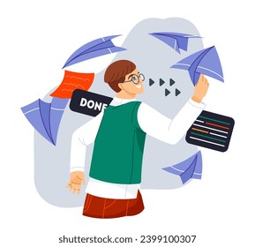 Person building career. Businessman or employee efficiently performs tasks and rejoices at success. Professional growth and skill improvement. Cartoon flat vector illustration isolated on background