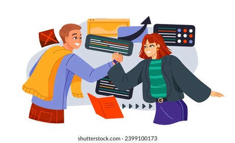 Person building career. Man and woman partners developing strategies for company growth. Improving personal skill and professional growth. Cartoon flat vector illustration isolated on white background