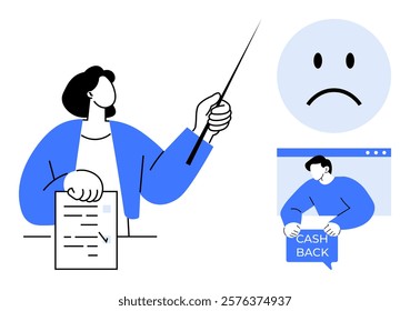 A person in business attire points to a document, highlighting negative feedback while another smaller image shows a person receiving cashback. Ideal for business training, customer feedback