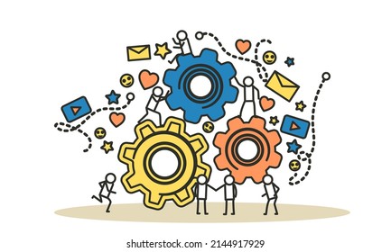 Person business team work vector concept illustration with cogwheel design. Businessman group success office icon background. Company partnership cooperation character. Creative development job