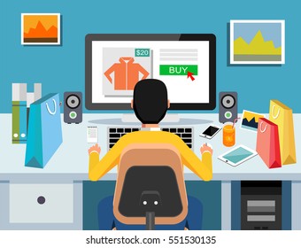 Person buy on online commerce. E-commerce. Online business illustration. Modern flat design for Web Banner , Website Element , or Web Template 