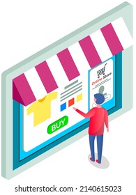 Person buyer doing online shopping at website. Buying products via internet, online clothing store concept. Virtual market place application. Buyer makes purchase in internet shop vector illustration