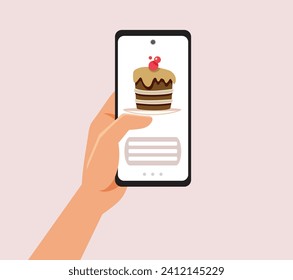 
Person Buying Food from a Mobile App Catering Service Vector Design.Hungry client checking desserts on a website reading ingredient list 
