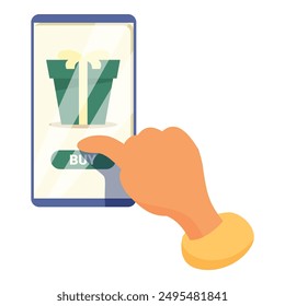 Person is buying a gift online using a smartphone app, pressing the buy button with their finger