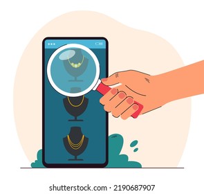 Persona comprando joyería en línea de ilustración de vector plana. Una mano enorme mirando el collar de oro a través de un lupa. Compras, concepto de comercio electrónico para banner, diseño de sitios web o página web de aterrizaje