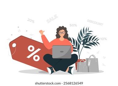 Person buying online, discount concept, online shopping concept, flat vector illustration