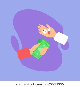 Person buying painkillers vector illustration. Top view of human hands with pills and money. Medicine, pharmacy and healthcare concept