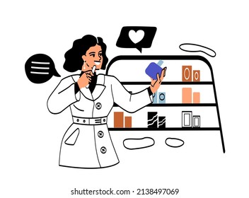 Person buying perfume in cosmetic retail store or boutique. Young woman holds bottle of perfume and sniffs pleasant fragrance. Purchase toilet water. Cartoon flat vector illustration in doodle style