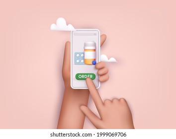 Person buying the pills online with the smartphone. Ordering medicines online concept. 3D Web Vector Illustrations.