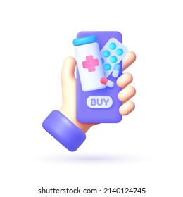 Person buying the pills online with the smartphone. 3D illustration. Medicine, healthcare concept. Pharmacy concept. Vector illustration