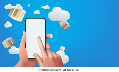 Person buying product with application.Ecommerce market.Transportation logistic.Fast moving service: air transportation