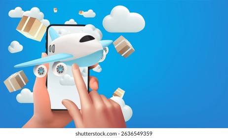 Person buying product with application.Global transportation delivery service on mobile by airplane Ecommerce market.Transportation logistic.Fast moving service: air transportation