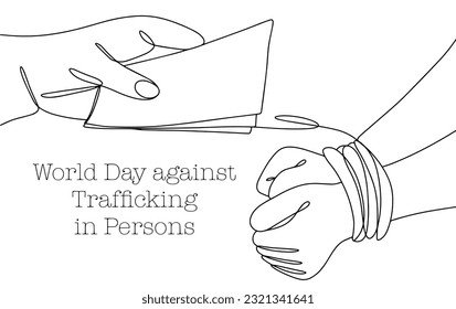 A person buys another person. Forbidden. World Day against Trafficking in Persons. One line drawing for different uses. Vector illustration.