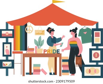 Persona compra mercadería del Orgullo Gay bajo carpa en evento de mercado