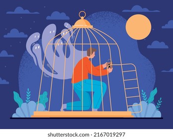 Person in cage. Metaphor of psychological problems and mental health. Inner prisoner released. Abstract image, thinking and psychology. Young guy inside his mind. Cartoon flat vector illustration
