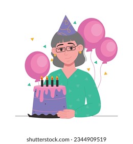 Person with cake. Old woman in a festive cap blows out the candles on the cake. Vector graphic.
