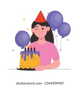 Person with cake. Woman in a festive cap blows out the candles on the cake. Vector graphic.