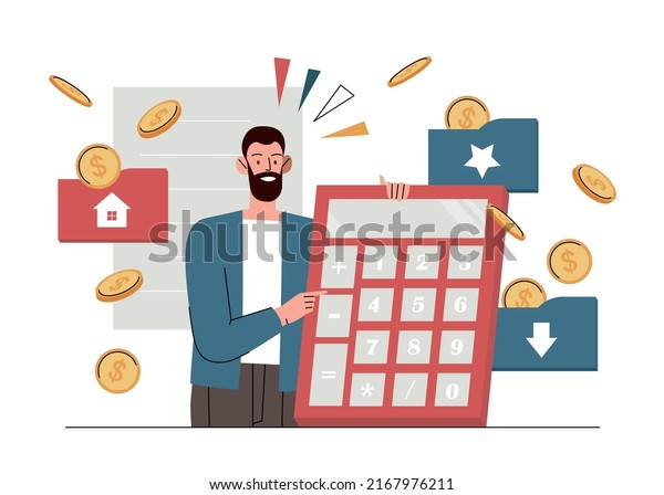 Person with calculator. Man evaluates\
company expenses and income. Analytical department and marketing\
research. Budgeting, accounting and financial literacy. Cartoon\
flat vector\
illustration