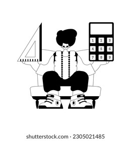 Person with calculator and ruler. Learning subject. Maddening and white line craftsmanship. Trendy style, Vector Illustration