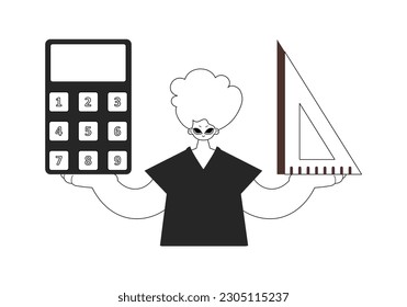 Persona con calculadora y regla. Materia de aprendizaje. Artesanía de chapuzón y línea blanca. Estilo de moda, Ilustración vectorial